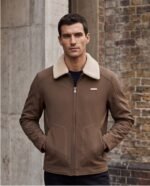 Faux-Suede Faux-Shearling Collar Aviator Jacket