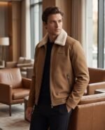 Faux-Suede Faux-Shearling Collar Aviator Jacket