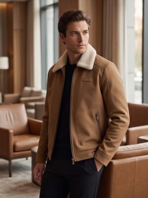Faux-Suede Faux-Shearling Collar Aviator Jacket