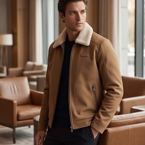 Faux-Suede Faux-Shearling Collar Aviator Jacket