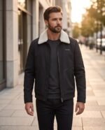 Faux-Suede Faux-Shearling Collar Aviator Jacket