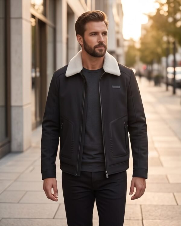 Faux-Suede Faux-Shearling Collar Aviator Jacket
